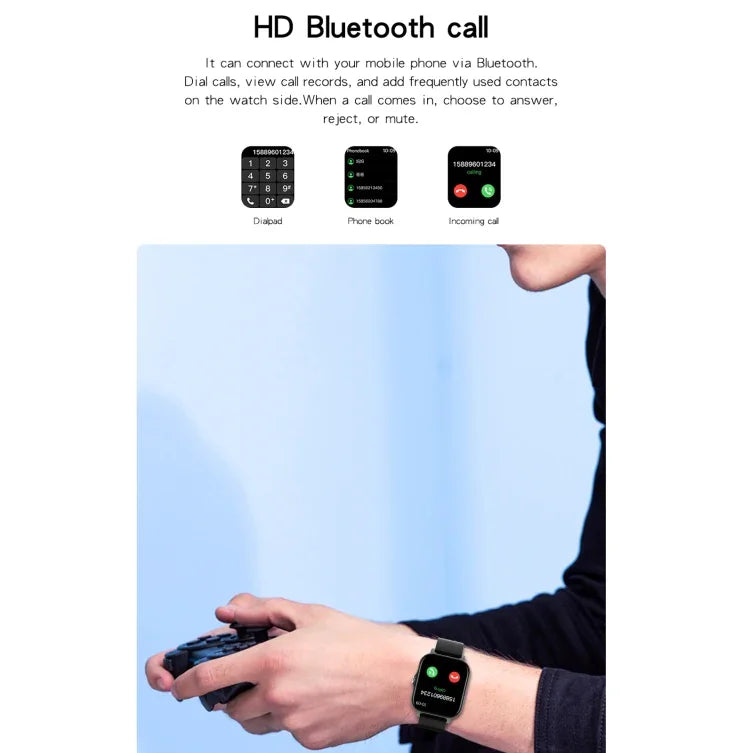Montre intelligente GT20 à écran TFT 1,69 pouce, étanche IP67, prise en charge du contrôle de la musique / appel Bluetooth / surveillance de la fréquence cardiaque / surveillance de la pression artérielle, bracelet en silicone, bracelet en acier