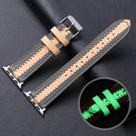 Luminous cowhide leather watch band for Apple Watch Series 7, 41mm/40mm, with adjustable length and soft comfort.