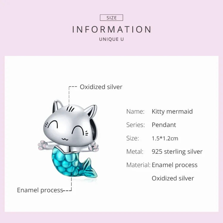 Accessoires de bracelet et collier DIY en argent sterling S925 avec perles Chat Sirène, Chat Sirène