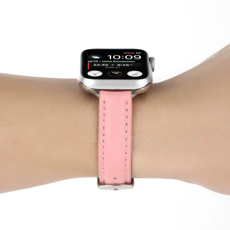 14mm Slim Genuine Leather Strap Watchband For Apple Watch Series, 7 45mm / 6 & SE & 5 & 4 44mm / 3 & 2 & 1 42mm, 7 41mm / 6 & SE & 5 & 4 40mm / 3 & 2 & 1 38mm