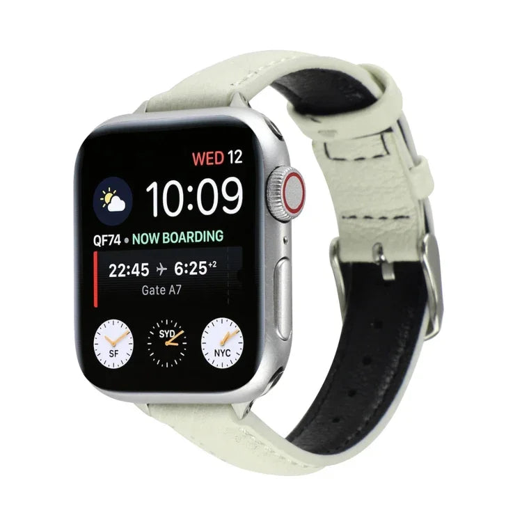 14mm Slim Genuine Leather Strap Watchband For Apple Watch Series, 7 45mm / 6 & SE & 5 & 4 44mm / 3 & 2 & 1 42mm, 7 41mm / 6 & SE & 5 & 4 40mm / 3 & 2 & 1 38mm