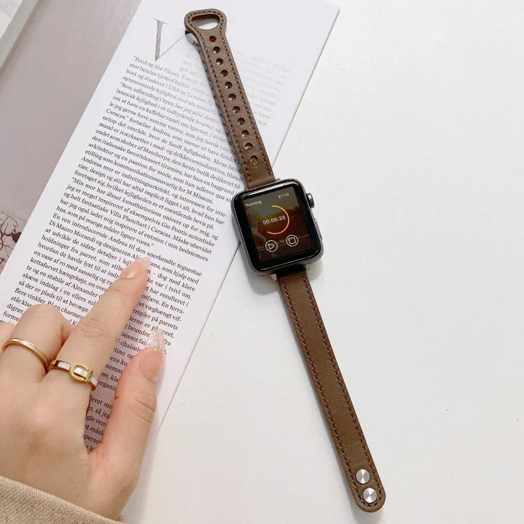 Double Studs Buckle Genuine Leather Strap Watchband For Apple Watch Series, 7 45mm / 6 & SE & 5 & 4 44mm / 3 & 2 & 1 42mm, 7 41mm / 6 & SE & 5 & 4 40mm / 3 & 2 & 1 38mm