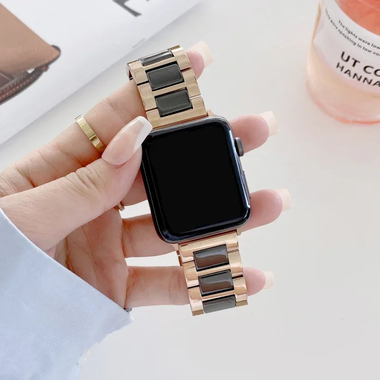 Bracelet de rechange en céramique et acier à trois perles de 22mm de largeur pour Apple Watch Series, 7 41mm / 6 & SE & 5 & 4 40mm / 3 & 2 & 1 38mm, 7 45mm / 6 & SE & 5 & 4 44mm / 3 & 2 & 1 42mm