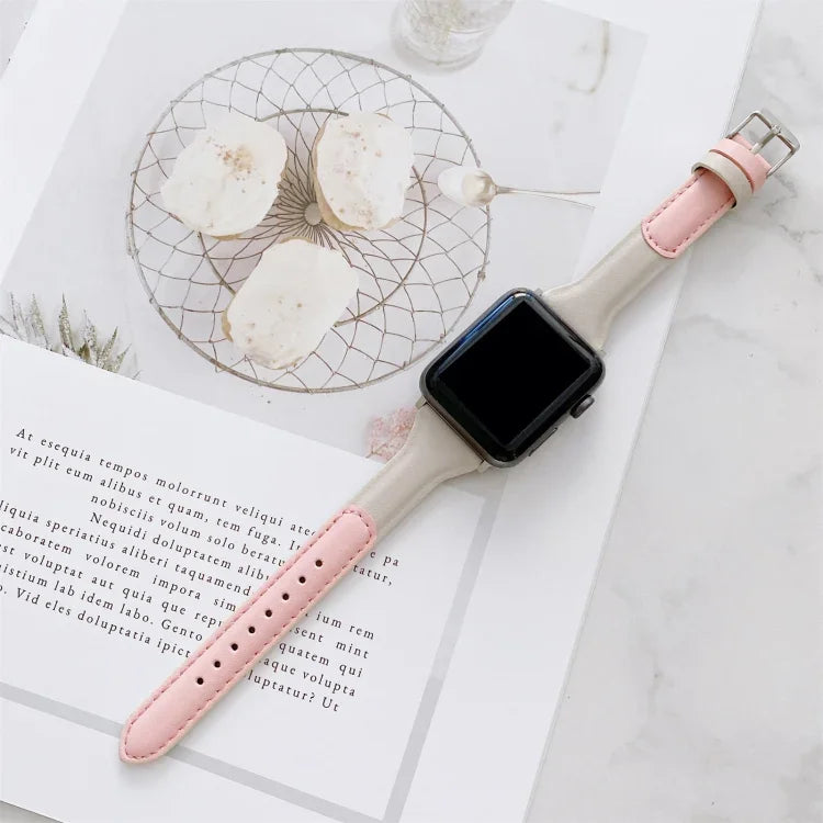 Small Waist Color Matching Leather Replacement Strap Watchband For Apple Watch Series, 7 41mm / 6 & SE & 5 & 4 40mm / 3 & 2 & 1 38mm, 7 45mm / 6 & SE & 5 & 4 44mm / 3 & 2 & 1 42mm