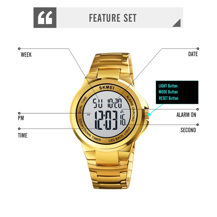Montre électronique SKMEI 1712 à affichage numérique LED lumineux double fuseau horaire avec bracelet en acier inoxydable