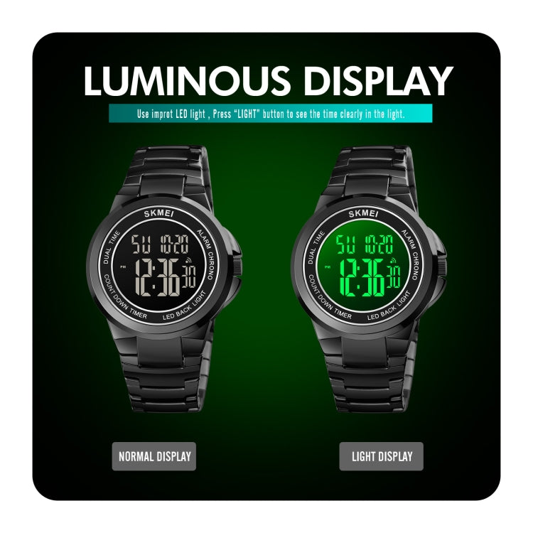 Montre électronique SKMEI 1712 à affichage numérique LED lumineux double fuseau horaire avec bracelet en acier inoxydable