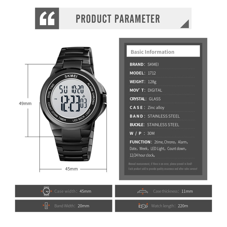 Montre électronique SKMEI 1712 à affichage numérique LED lumineux double fuseau horaire avec bracelet en acier inoxydable
