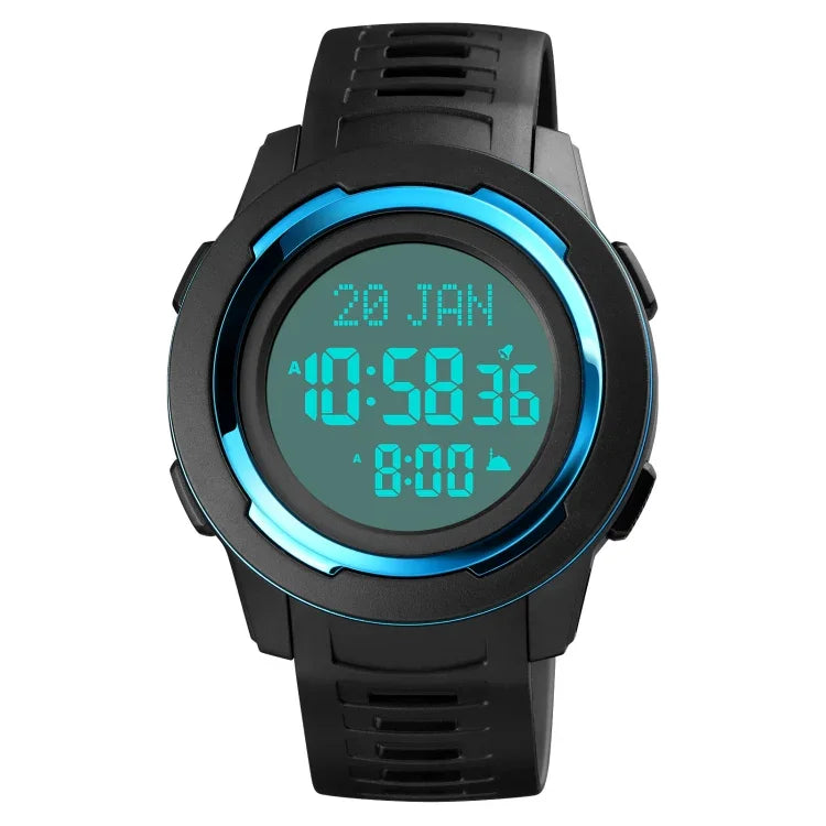 Montre électronique SKMEI 1729 à affichage numérique LED lumineux multifonction avec calendrier Qibla et fonction chronomètre
