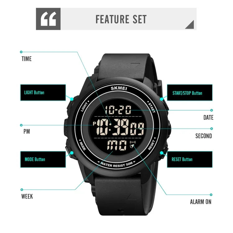 Montre électronique SKMEI 1736 à affichage numérique LED lumineux avec cadran rond triple et fonction chronomètre