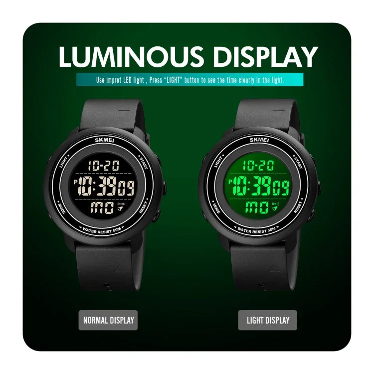 Montre électronique SKMEI 1736 à affichage numérique LED lumineux avec cadran rond triple et fonction chronomètre