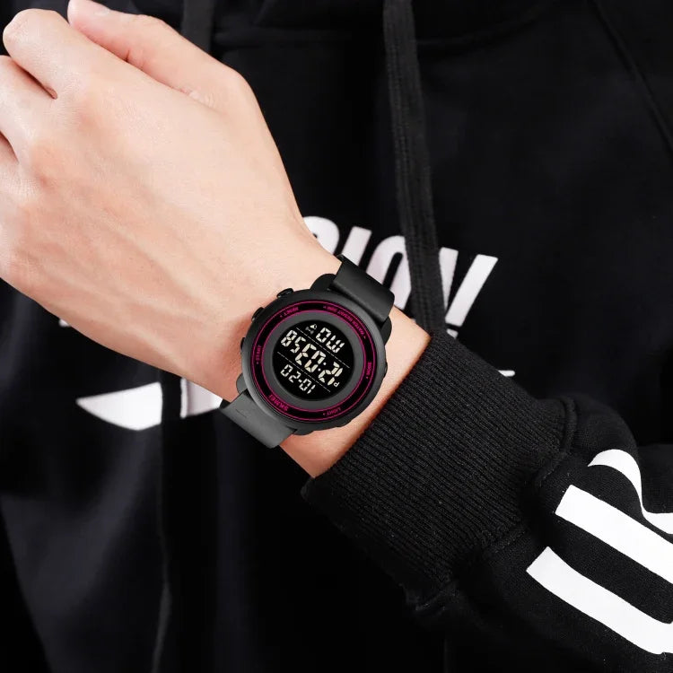 Montre électronique SKMEI 1736 à affichage numérique LED lumineux avec cadran rond triple et fonction chronomètre