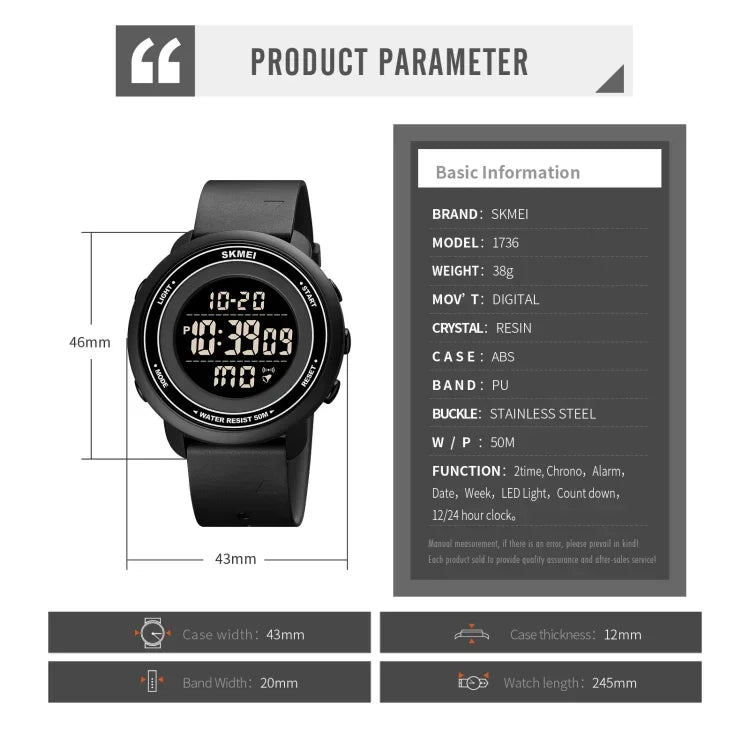 Montre électronique SKMEI 1736 à affichage numérique LED lumineux avec cadran rond triple et fonction chronomètre