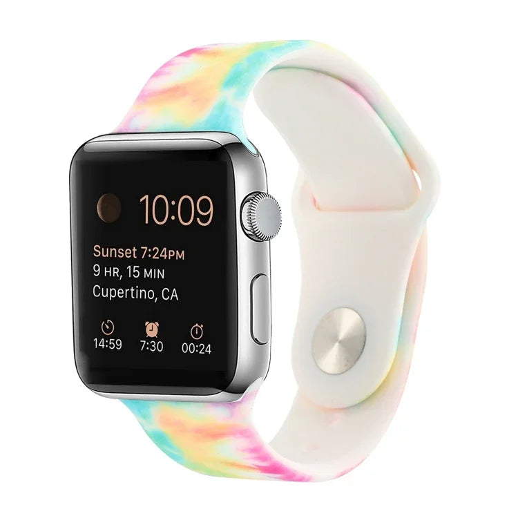 Bracelet de remplacement en silicone à motif peint pour Apple Watch Series, 7 41mm / 6 & SE & 5 & 4 40mm / 3 & 2 & 1 38mm, 7 45mm / 6 & SE & 5 & 4 44mm / 3 & 2 & 1 42mm