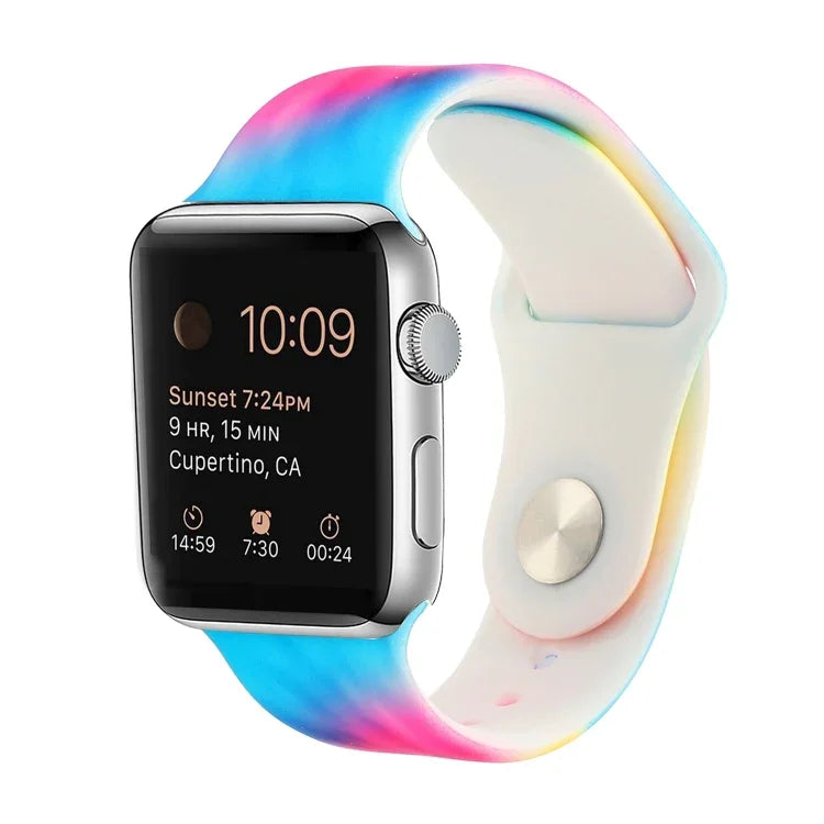 Bracelet de remplacement en silicone à motif peint pour Apple Watch Series, 7 41mm / 6 & SE & 5 & 4 40mm / 3 & 2 & 1 38mm, 7 45mm / 6 & SE & 5 & 4 44mm / 3 & 2 & 1 42mm