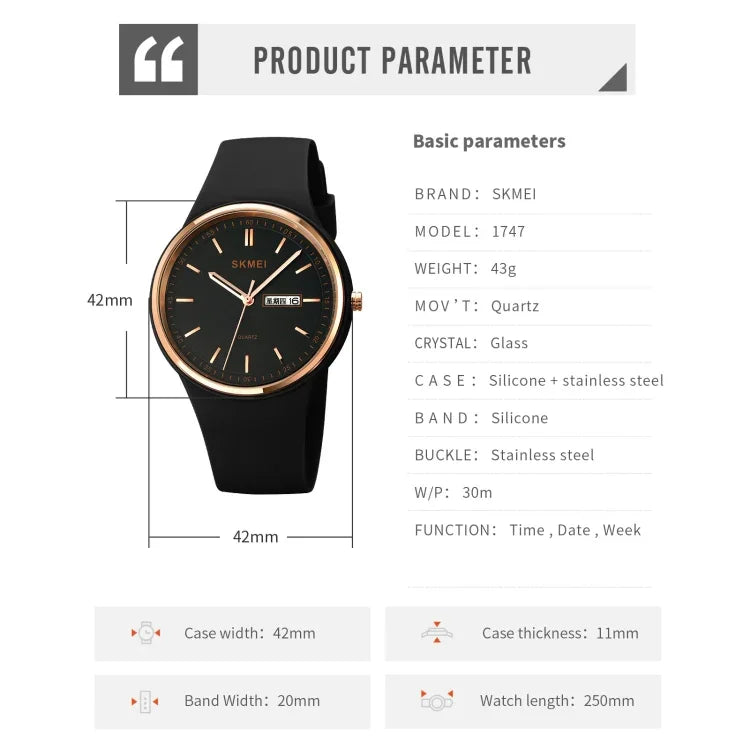 Montre quartz SKMEI 1747 pour femmes avec cadran simple à échelle barre et bracelet en silicone