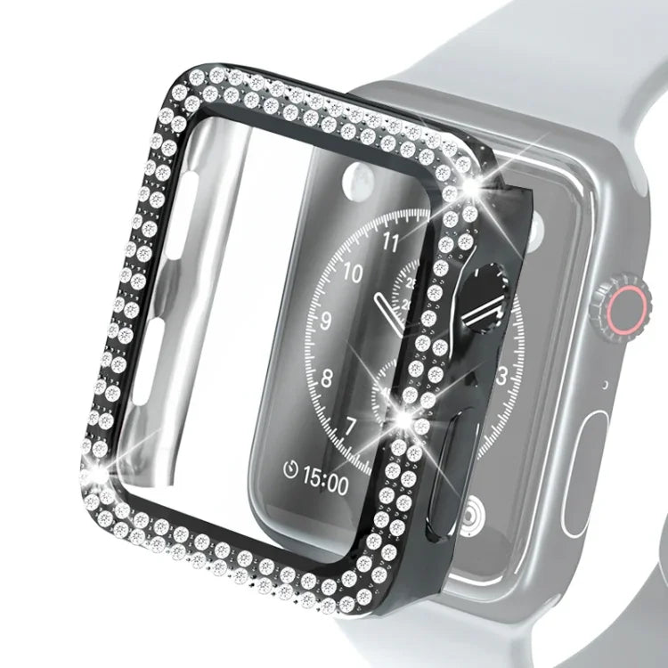 Coque de protection en PC double rangée de diamants avec film en verre trempé pour Apple Watch Series, 3 & 2 & 1 38 mm, 3 & 2 & 1 42 mm