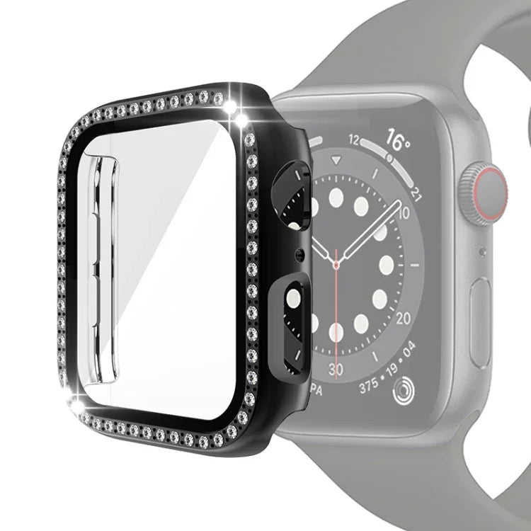 Coque de protection en PC plaqué diamant à une rangée avec film en verre trempé pour Apple Watch Series 3 & 2 & 1 38mm, 3 & 2 & 1 42mm