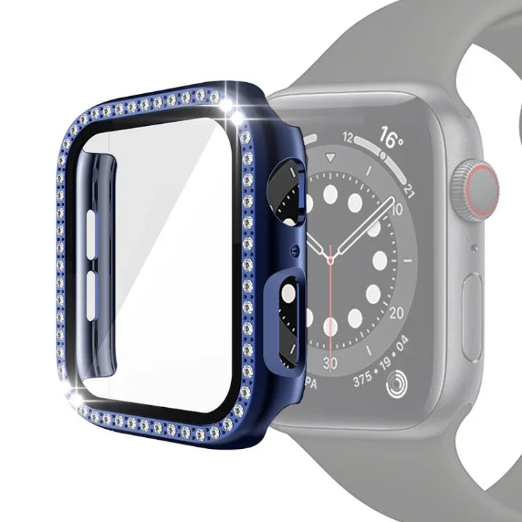 Coque de protection en PC plaqué diamant à une rangée avec film en verre trempé pour Apple Watch Series 3 & 2 & 1 38mm, 3 & 2 & 1 42mm