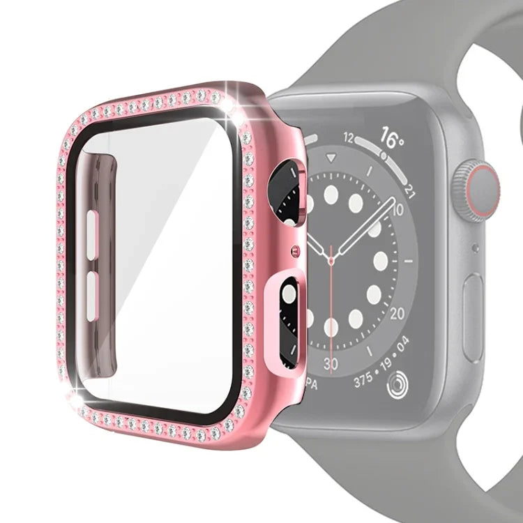 Coque de protection en PC plaqué diamant à une rangée avec film en verre trempé pour Apple Watch Series 3 & 2 & 1 38mm, 3 & 2 & 1 42mm