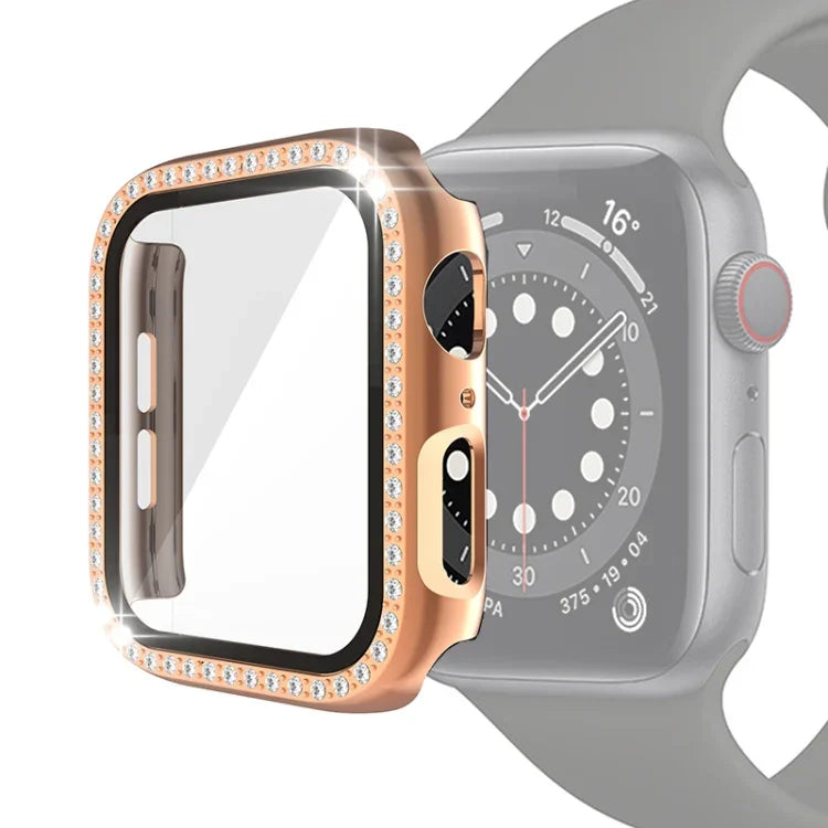 Coque de protection en PC plaqué diamant à une rangée avec film en verre trempé pour Apple Watch Series 3 & 2 & 1 38mm, 3 & 2 & 1 42mm