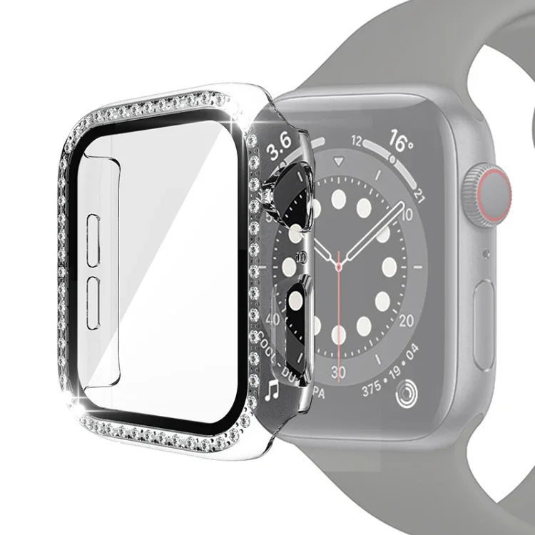 Coque de protection en PC plaqué diamant à une rangée avec film en verre trempé pour Apple Watch Series 3 & 2 & 1 38mm, 3 & 2 & 1 42mm
