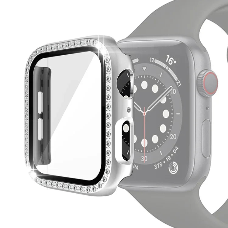 Coque de protection en PC plaqué diamant à une rangée avec film en verre trempé pour Apple Watch Series 3 & 2 & 1 38mm, 3 & 2 & 1 42mm