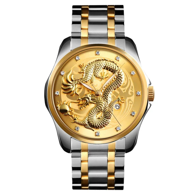 Montre quartz SKMEI 9193 pour hommes avec cadran motif dragon doré et calendrier lumineux