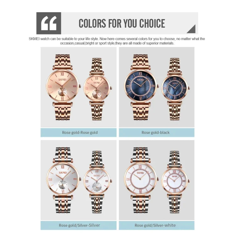SKMEI 9198 Simple Roman Numeral Dial Metal Belt Quartz Watch for Couples