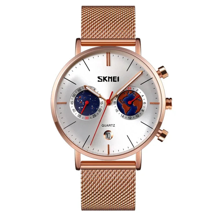 SKMEI 9231 Men Map Pattern Calendar Stopwatch Stainless Steel Strap Quartz Watch