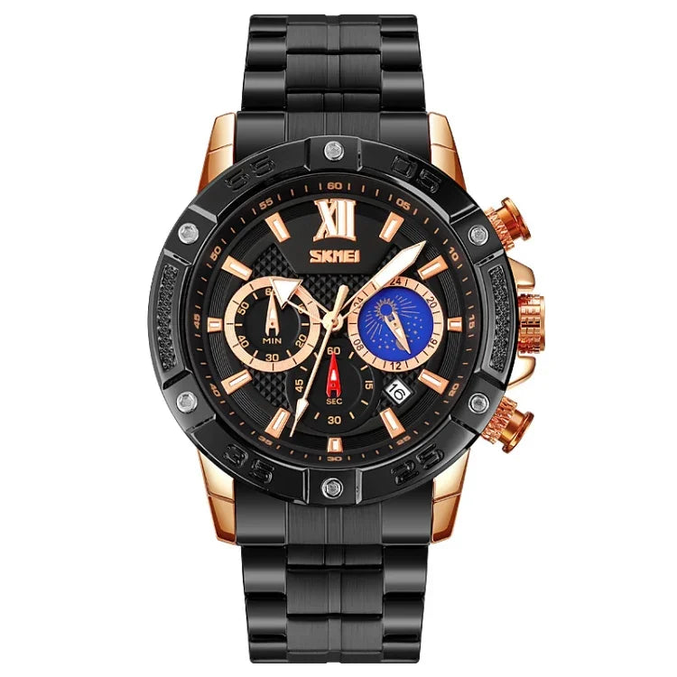 SKMEI 9235 Montre Quartz Homme Phase de Lune Chronomètre Bracelet Acier Inoxydable