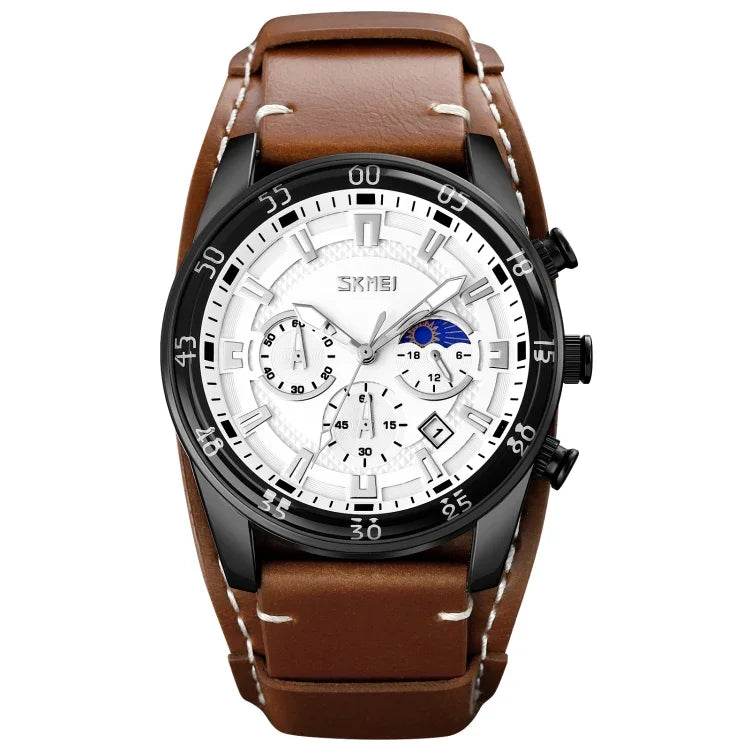 Montre à quartz SKMEI 9249 pour homme avec phase de lune, calendrier, chronomètre et bracelet en cuir