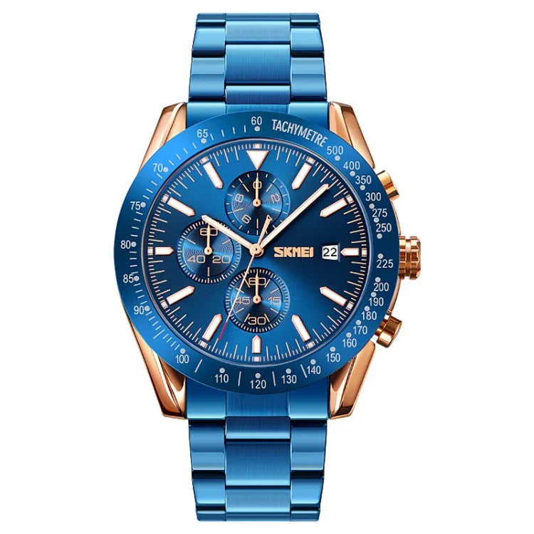 SKMEI 9253 Men Stopwatch Date Six Pin Stainless Steel Strap Quartz Watch