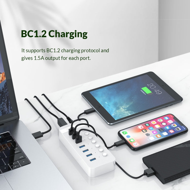 Hub USB multi-port 7 en 1 ORICO CT2U3-7AB-WH à rayures en plastique avec interrupteurs individuels, prise UK CT2U3-7AB-BK, prise UK CT2U3-7AB-WH, prise EU CT2U3-7AB-BK, prise EU CT2U3-7AB-WH, prise AU CT2U3-7AB-BK, prise AU CT2U3-7AB-WH