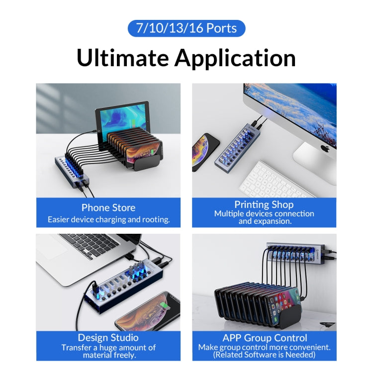 Hub USB multi-port 7 en 1 ORICO AT2U3-7AB-GY-BP en alliage d'aluminium avec interrupteurs individuels, prise EU, prise UK, prise AU