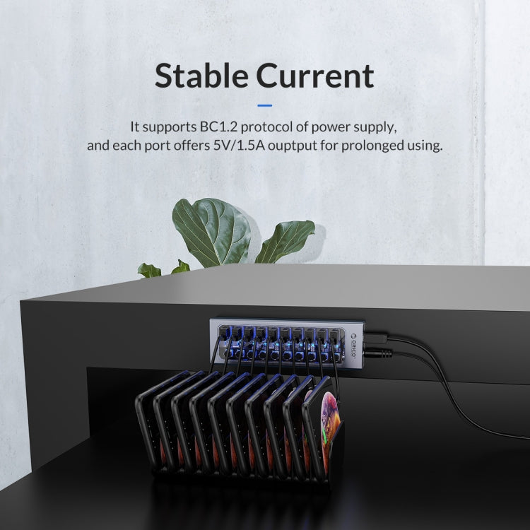 Hub USB multi-port 7 en 1 ORICO AT2U3-7AB-GY-BP en alliage d'aluminium avec interrupteurs individuels, prise EU, prise UK, prise AU