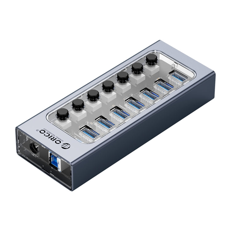 Hub USB multi-port 7 en 1 ORICO AT2U3-7AB-GY-BP en alliage d'aluminium avec interrupteurs individuels, prise EU, prise UK, prise AU