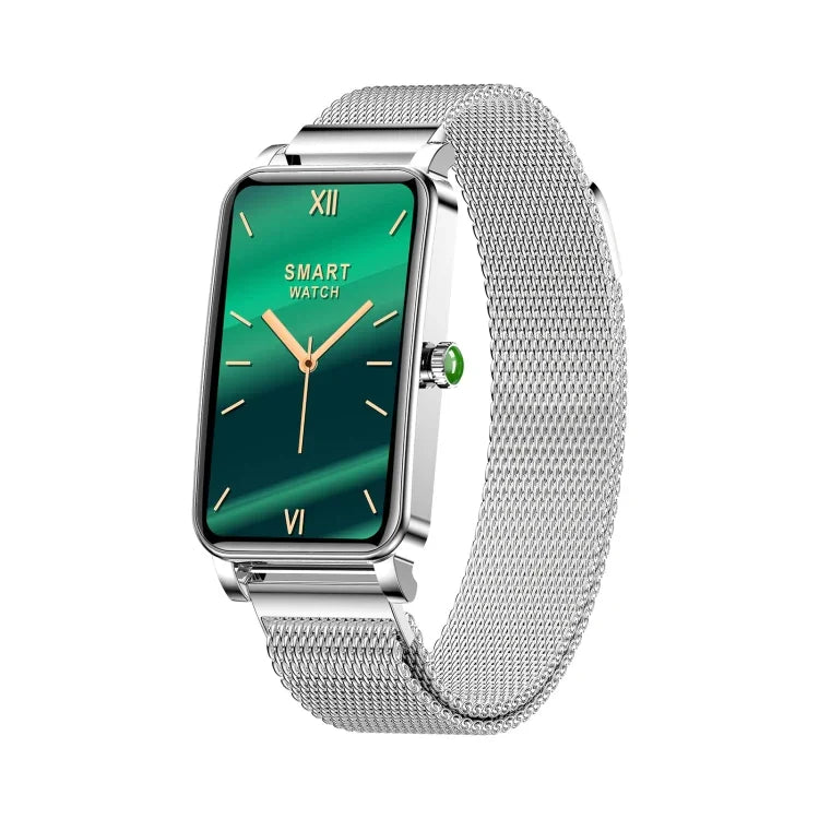 Montre connectée ZX19 pour femme, écran HD 1,45 pouce, Bluetooth 5.0, étanche IP68, avec suivi du sommeil, rappel du cycle menstruel, fréquence cardiaque et saturation en oxygène. Bracelet milanais.
