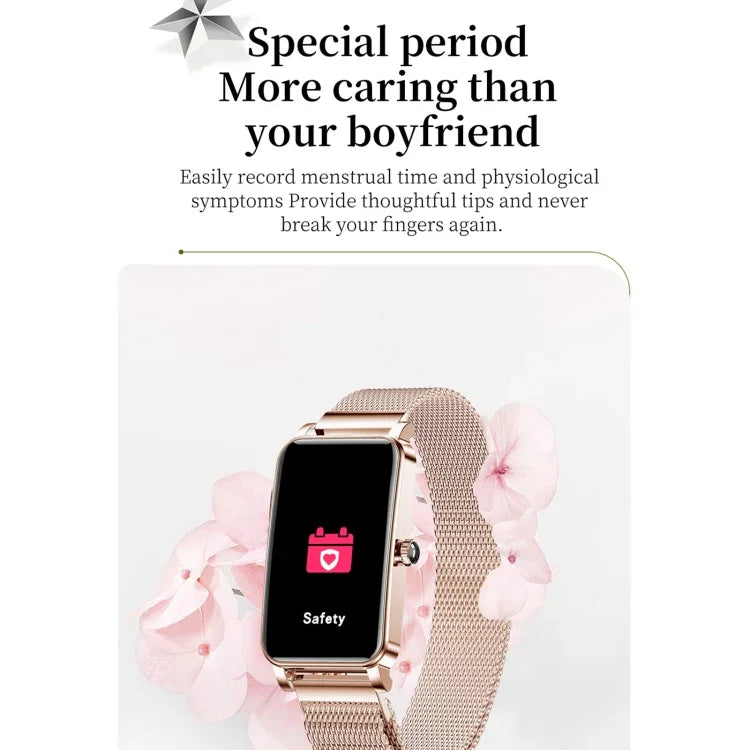 Montre connectée ZX19 pour femme, écran HD 1,45 pouce, Bluetooth 5.0, étanche IP68, avec suivi du sommeil, rappel du cycle menstruel, fréquence cardiaque et saturation en oxygène. Bracelet en acier.