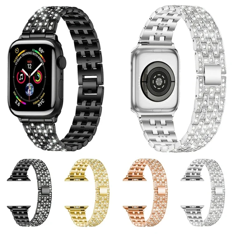 Bracelet de rechange en acier avec diamant à cinq perles pour Apple Watch Series, 7 41mm / 6 & SE & 5 & 4 40mm / 3 & 2 & 1 38mm, 7 45mm / 6 & SE & 5 & 4 44mm / 3 & 2 & 1 42mm