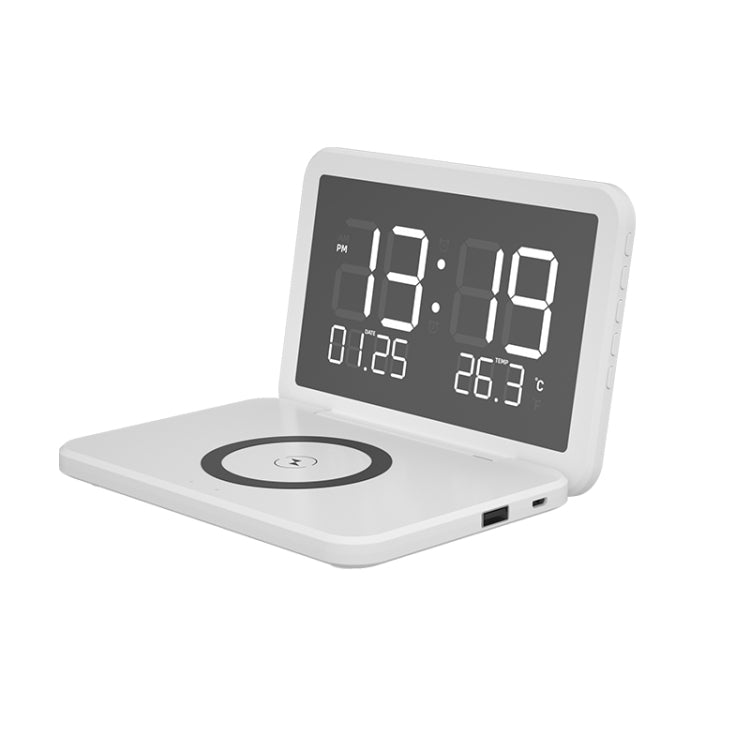 SY-118 Chargeur sans fil 15 W avec horloge de bureau calendrier perpétuel et surface miroir pliable, avec réveil et fonction de réglage de la luminosité à trois niveaux, SY-118 Noir, SY-118 Blanc