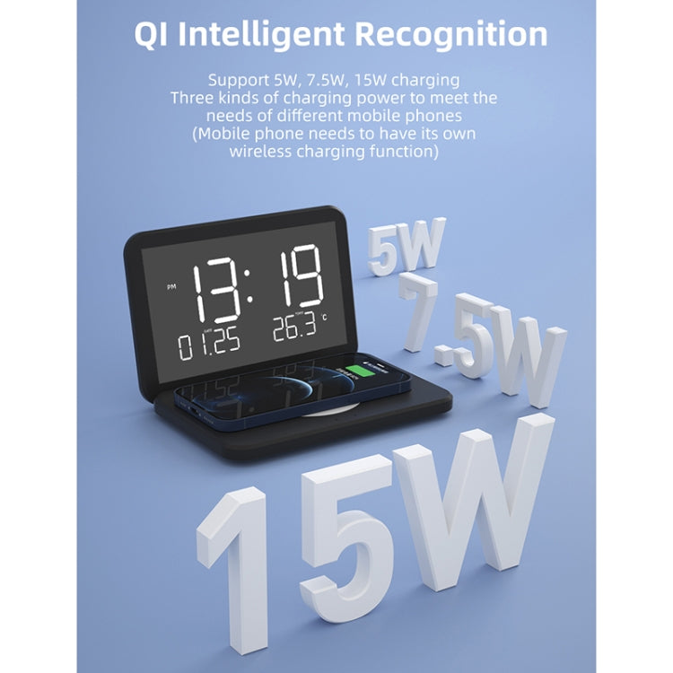 SY-118 Chargeur sans fil 15 W avec horloge de bureau calendrier perpétuel et surface miroir pliable, avec réveil et fonction de réglage de la luminosité à trois niveaux, SY-118 Noir, SY-118 Blanc