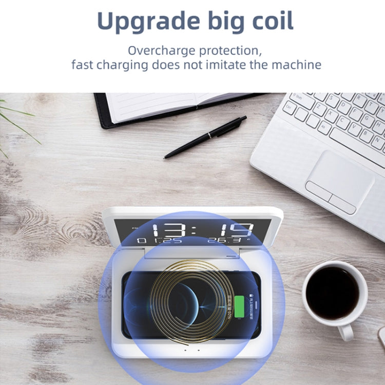 SY-118 Chargeur sans fil 15 W avec horloge de bureau calendrier perpétuel et surface miroir pliable, avec réveil et fonction de réglage de la luminosité à trois niveaux, SY-118 Noir, SY-118 Blanc
