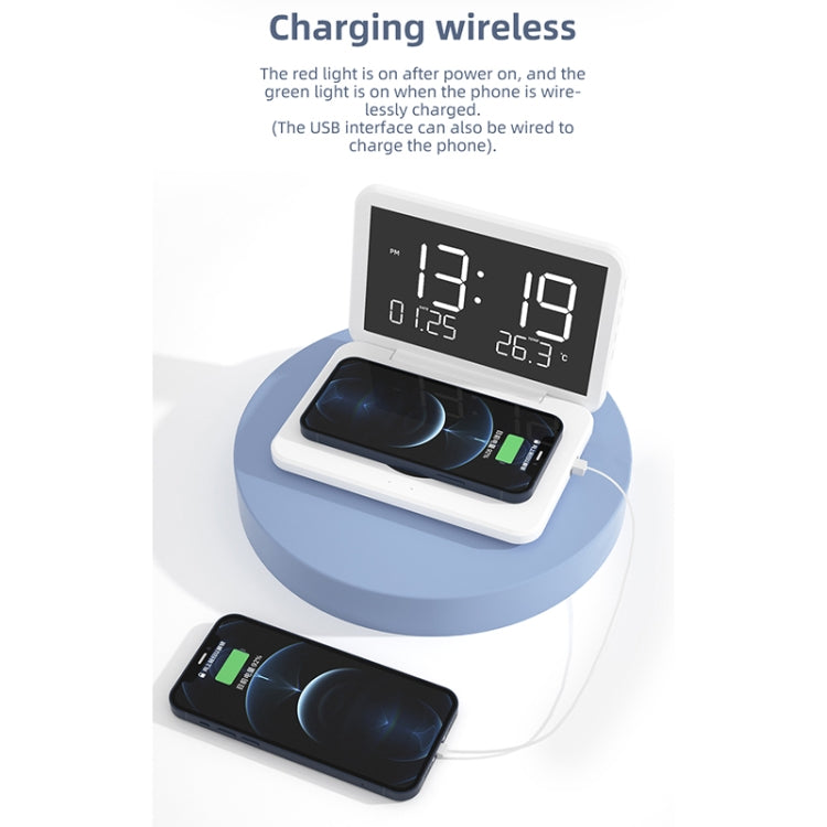 SY-118 Chargeur sans fil 15 W avec horloge de bureau calendrier perpétuel et surface miroir pliable, avec réveil et fonction de réglage de la luminosité à trois niveaux, SY-118 Noir, SY-118 Blanc