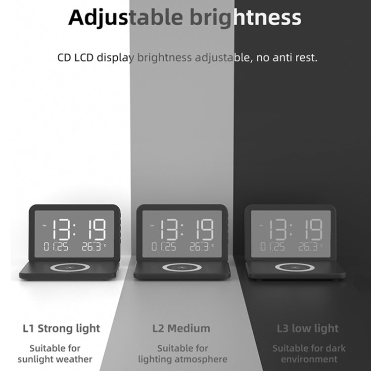 SY-118 Chargeur sans fil 15 W avec horloge de bureau calendrier perpétuel et surface miroir pliable, avec réveil et fonction de réglage de la luminosité à trois niveaux, SY-118 Noir, SY-118 Blanc