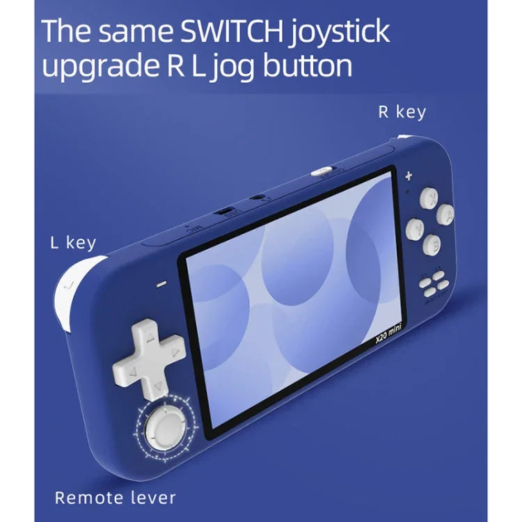 Console de jeux portable X20 mini Classic Games avec écran de 4,3 pouces et 8 Go de mémoire, disponible en jaune, vert, bleu et gris.