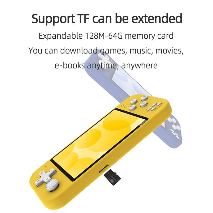 Console de jeux portable X20 mini Classic Games avec écran de 4,3 pouces et 8 Go de mémoire, disponible en jaune, vert, bleu et gris.