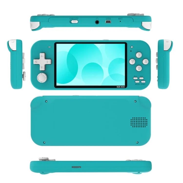 Console de jeux portable X20 mini Classic Games avec écran de 4,3 pouces et 8 Go de mémoire, disponible en jaune, vert, bleu et gris.