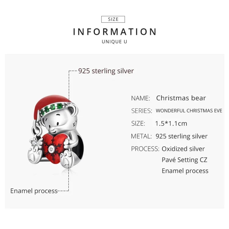 Perles Ours de Noël en Argent Sterling S925 Accessoires de Bracelet Collier DIY, SCC2035