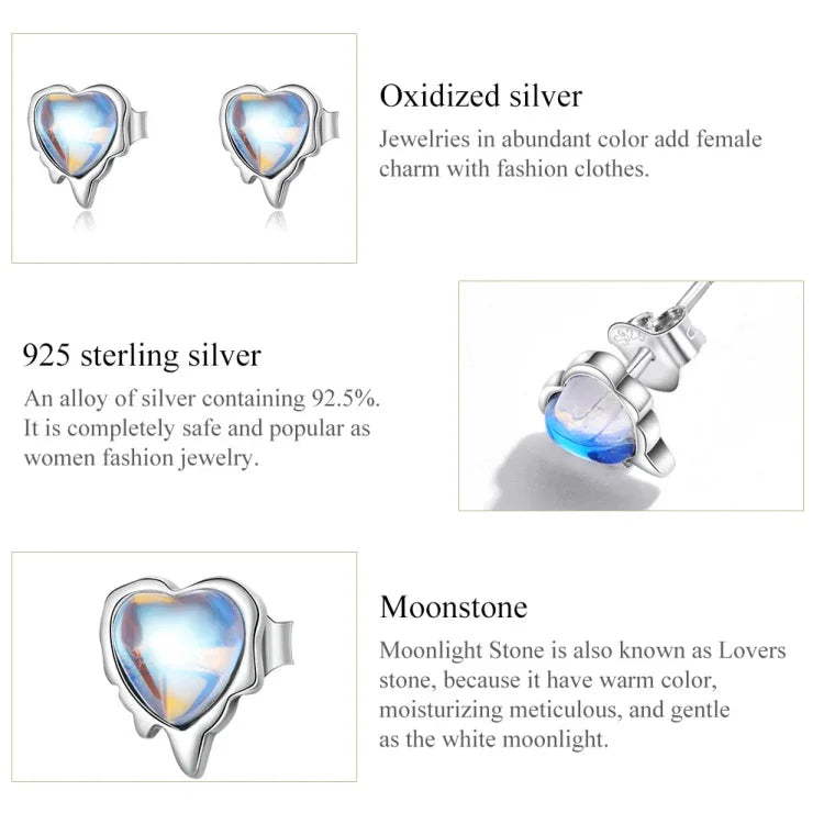Boucles d'oreilles en argent sterling S925 avec pierre de lune en forme de cœur pour femmes, pierre de lune en forme de cœur