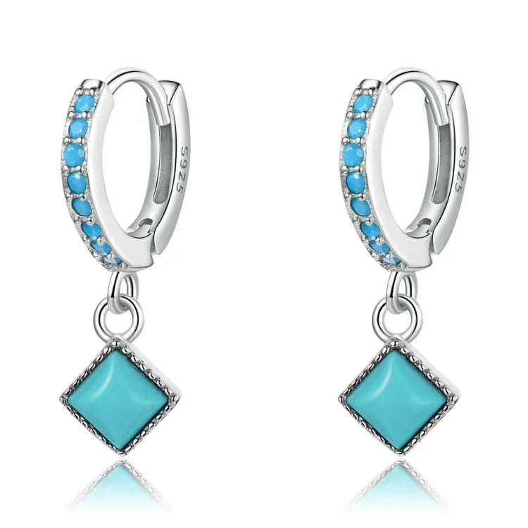 Boucles d'oreilles pour femme en argent sterling S925 avec turquoise rhomboïde, turquoise rhomboïde